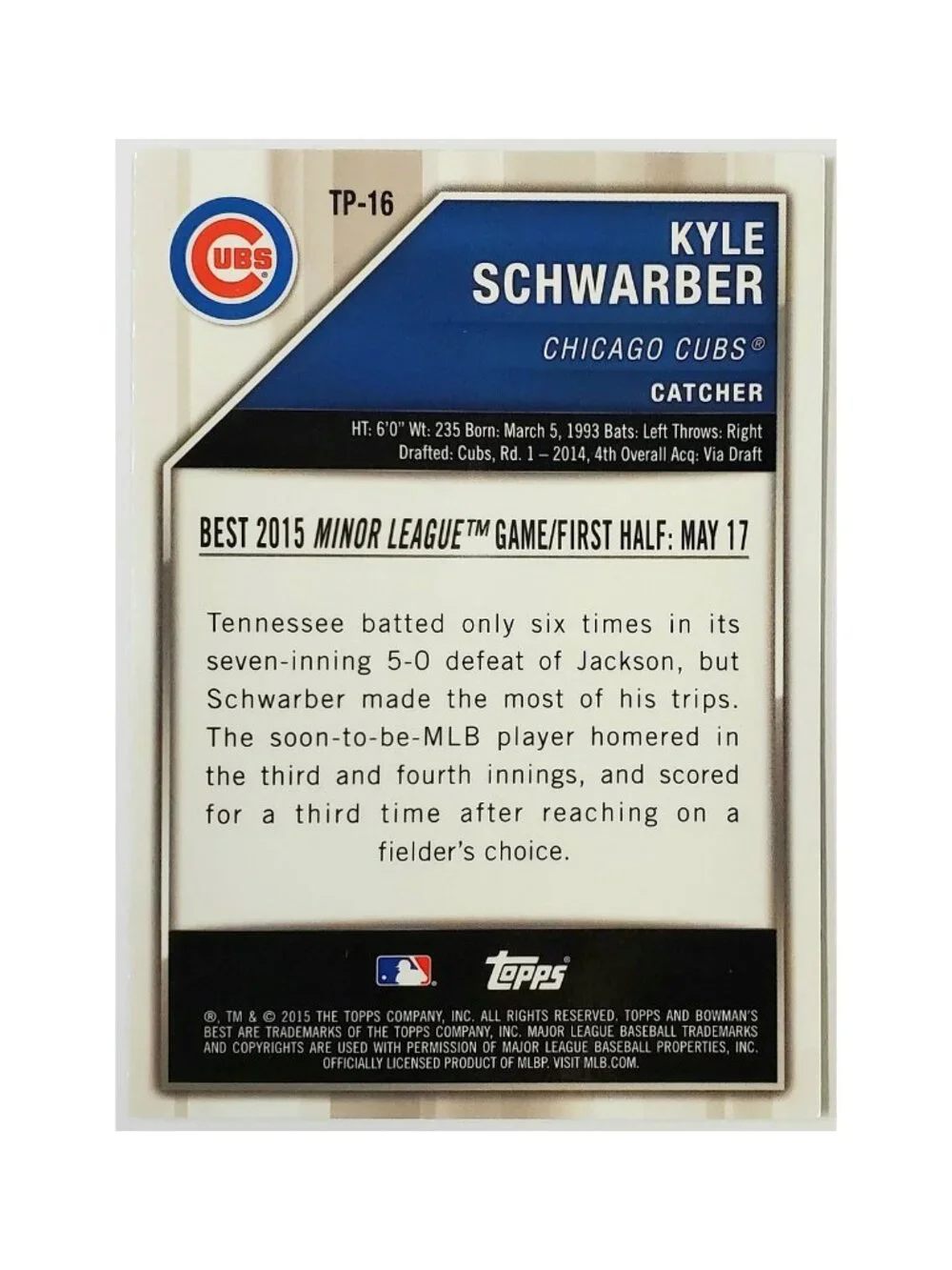KYLE SCHWARBER ROOKIE REFRACTOR 2015 BOWMAN'S BEST #TP-16 CHICAGO CUBS
